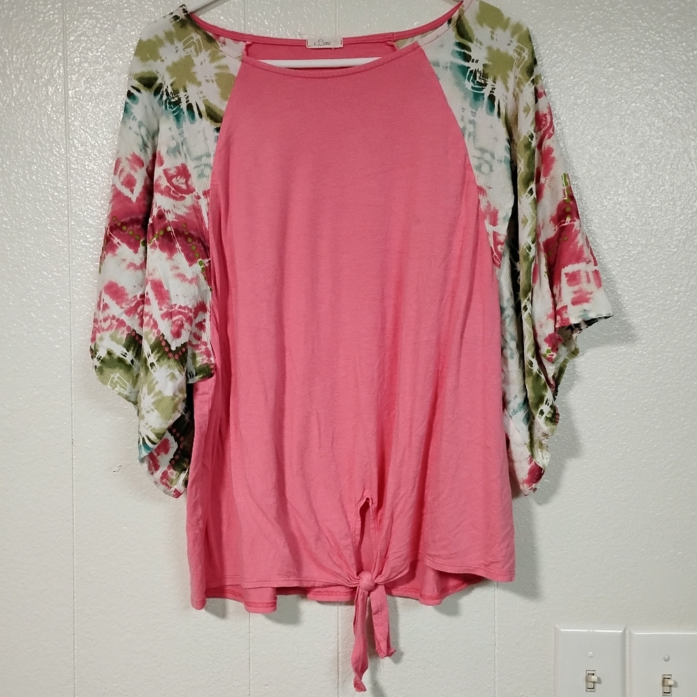 e. luna pink boho flowy top knot front size large short sleeve boho tie-dye